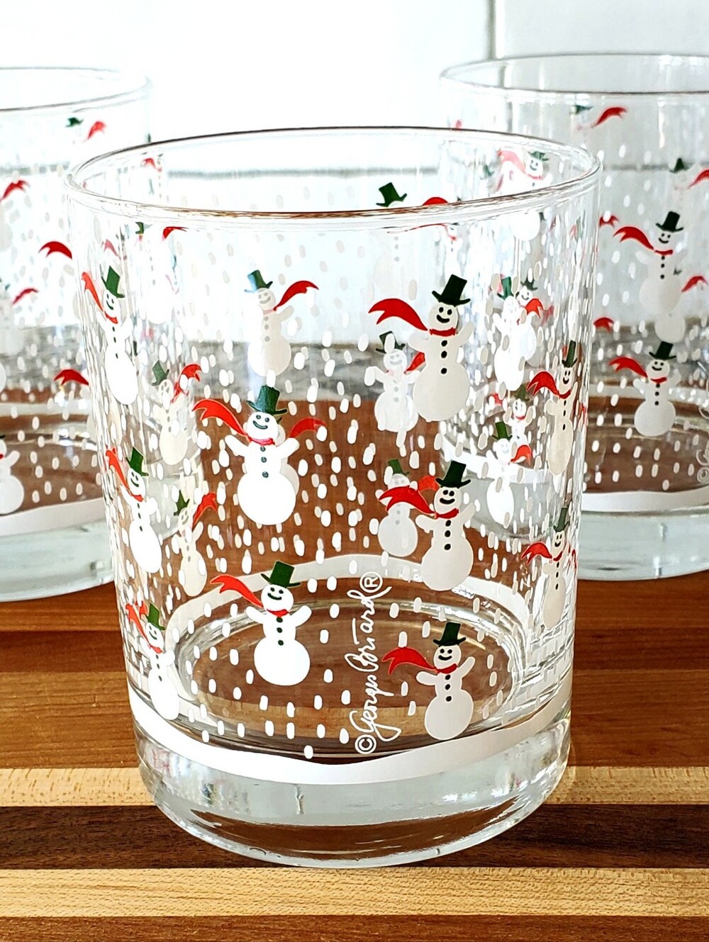 Georges Briard Vtg MCM Barware Double Old Fashioned Snowmen Tumbler Set 4 EUC